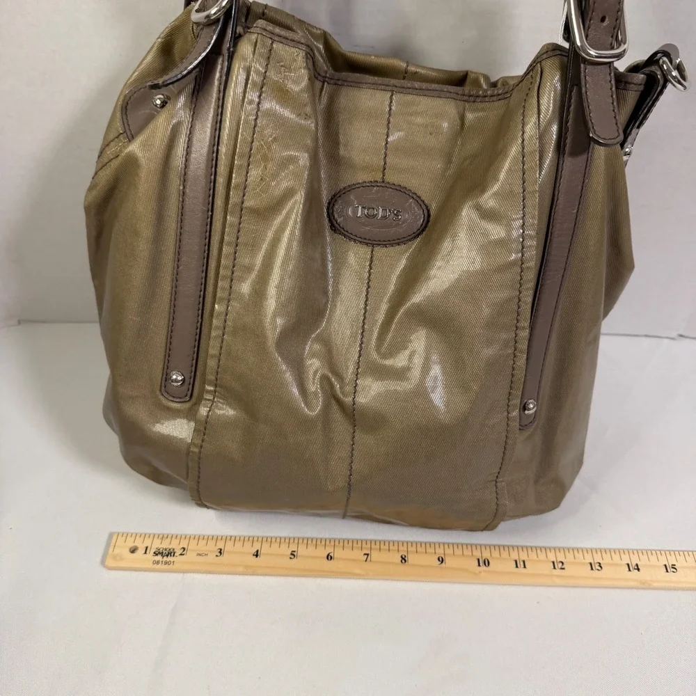 Tod's Shoulder Bag Medium Bronze Coated Canvas Leather Trim Tote + Luxury Hobo